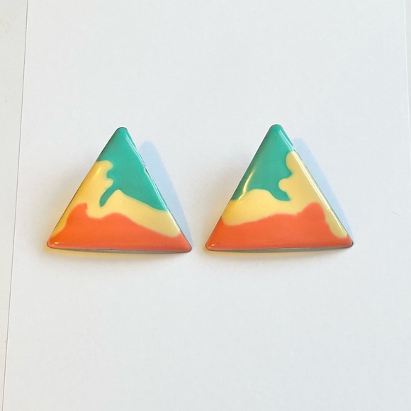 Vintage 80s Enamel Triangle Earrings Color Block Geometric Studs Bold Earrings - Picture 2 of 9